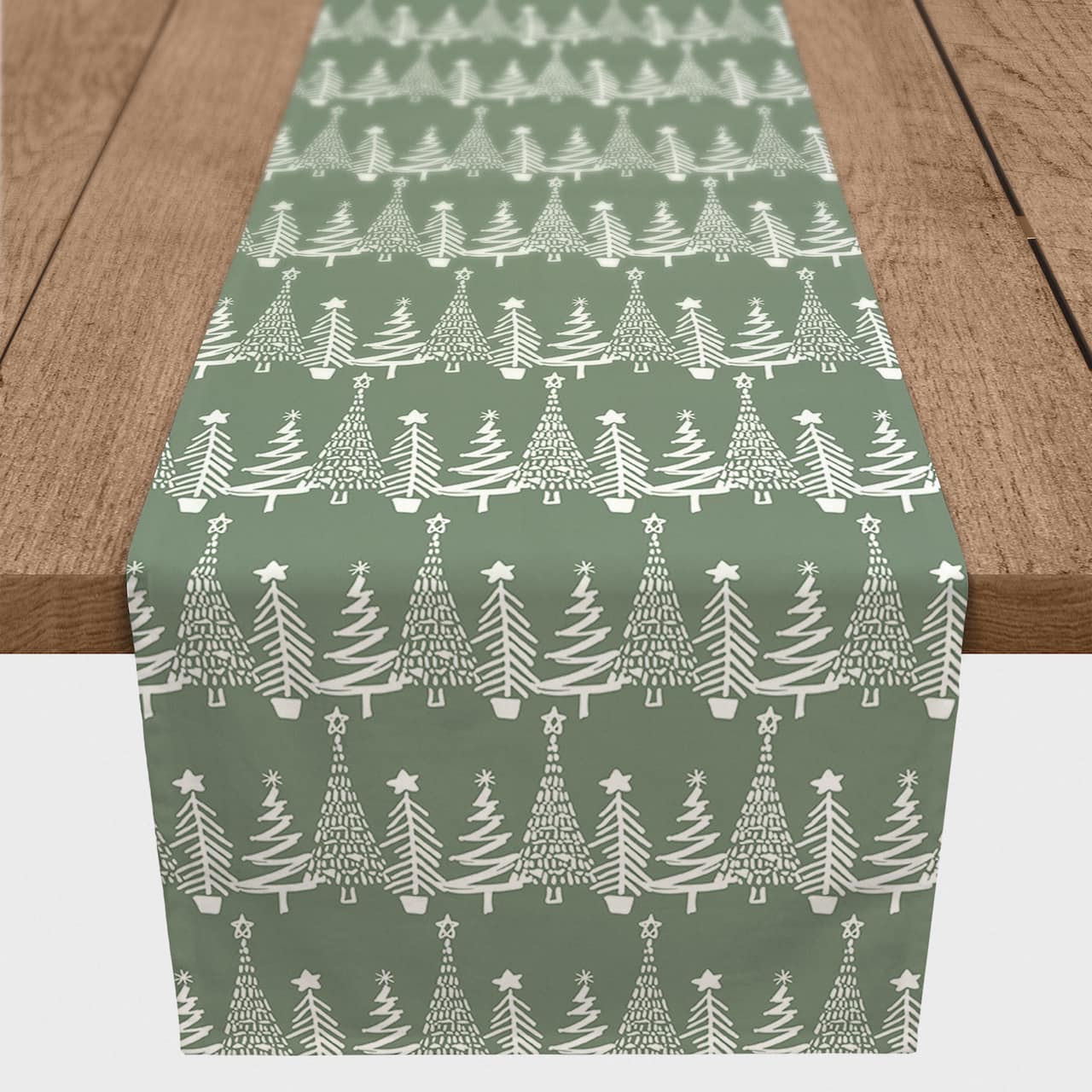 90'' Sage Christmas Tree Pattern Cotton Twill Runner